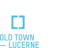 Capsule Hotel Old Town—Lucerne logo, white and blue text with square O, modern European boutique capsule brand.