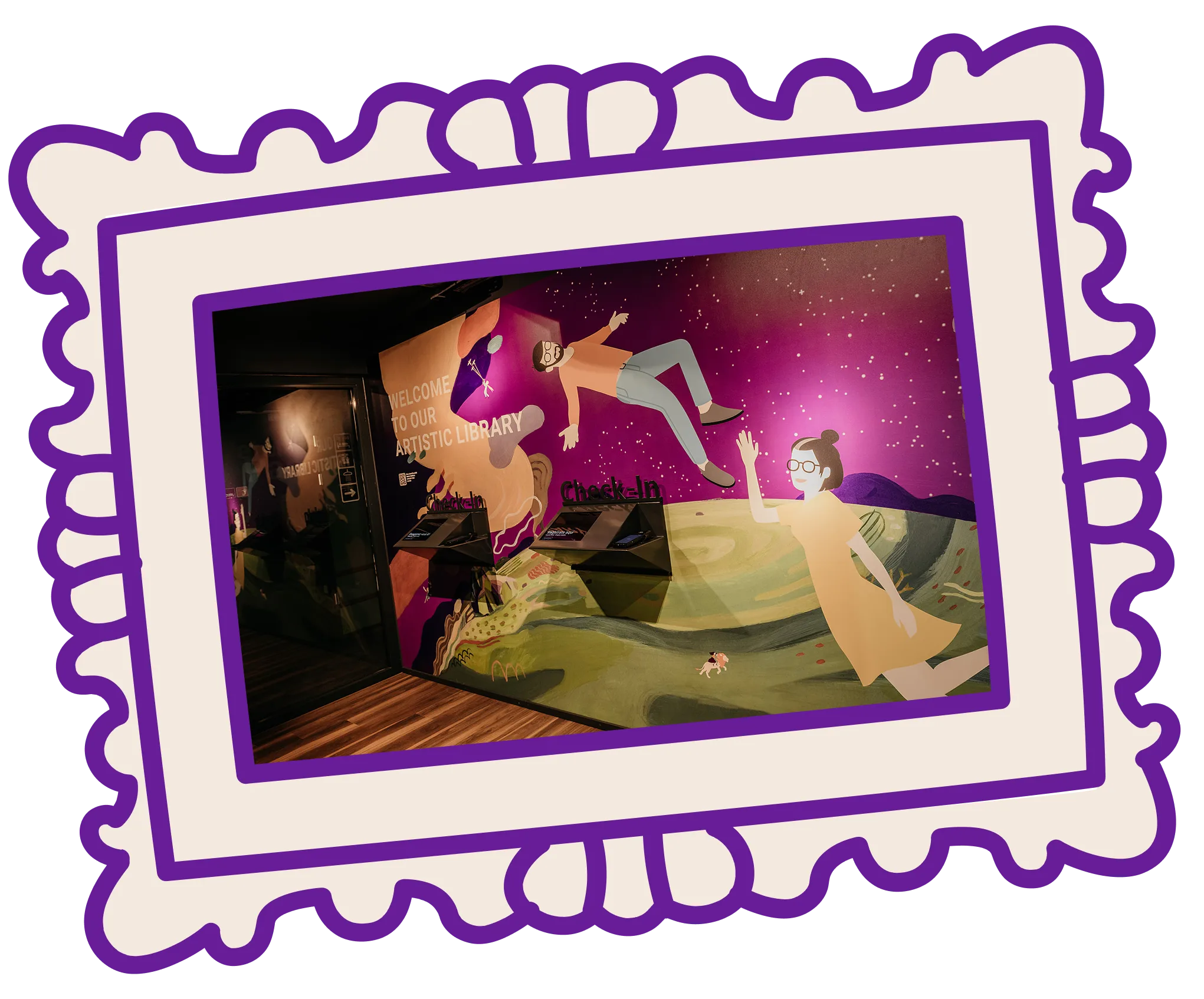 Capsule Hotel check-in area with vibrant space-themed mural, cartoon figures, and sleek self-service kiosks.