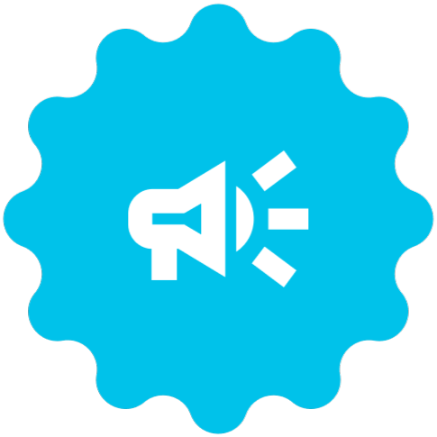 Capsule Hotel logo: white megaphone with sound rays on bright blue scalloped badge