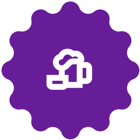 Capsule Hotel white beer mug icon with foam on purple scalloped badge, indicating bar and lounge amenity