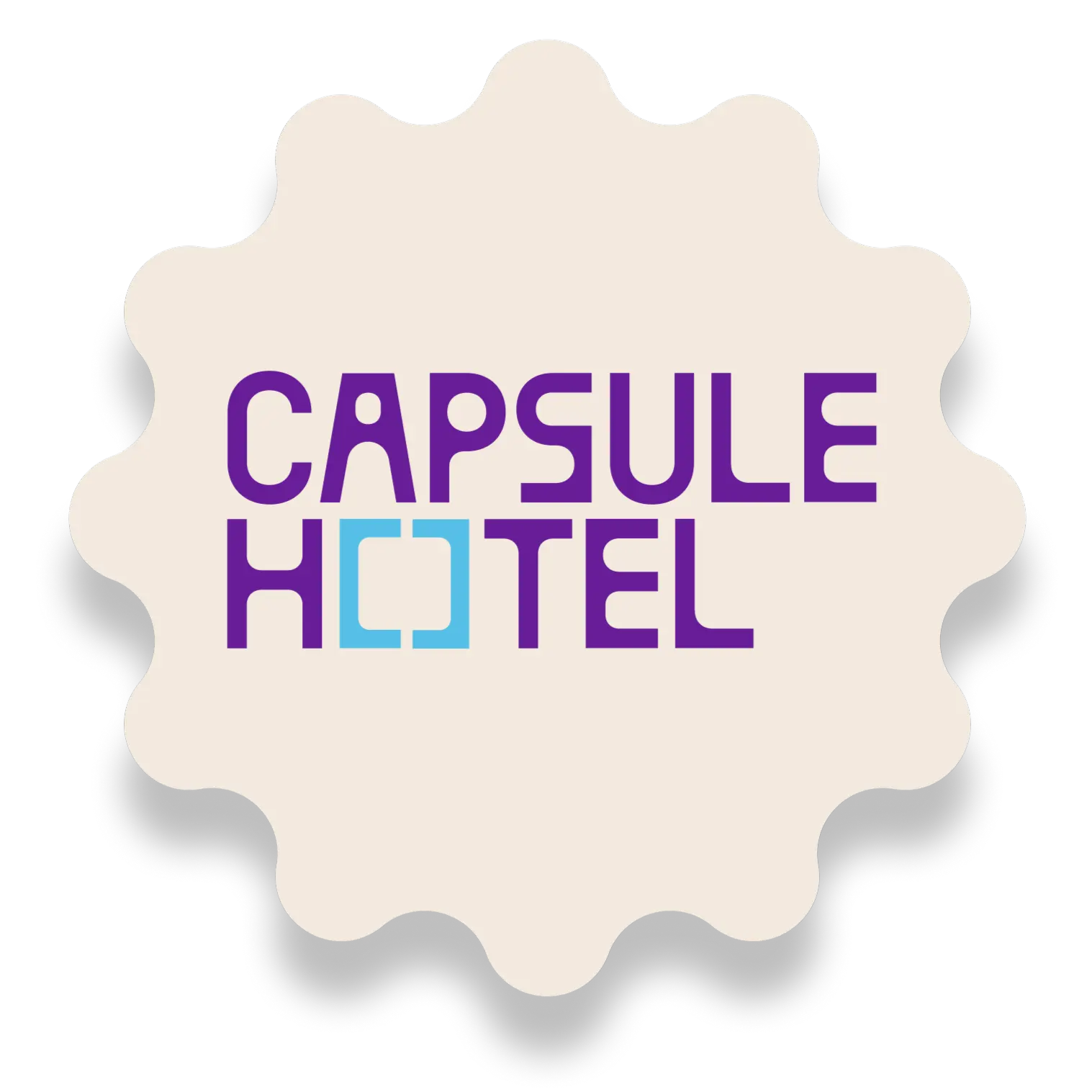 Capsule Hotel logo—purple text with cyan square icon on a cream scalloped badge.