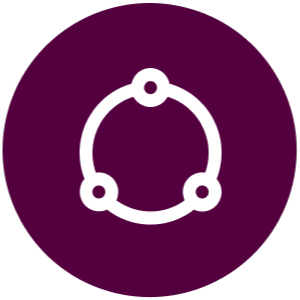 Capsule Hotel logo, white ring with three nodes on a plum circle background
