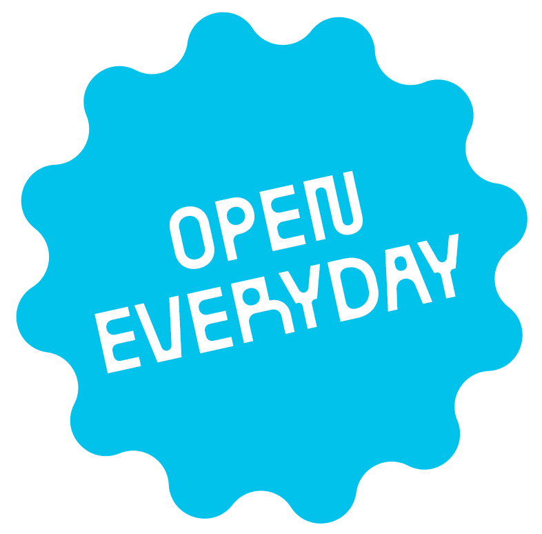 Capsule Hotel bright blue badge with white text Open Everyday