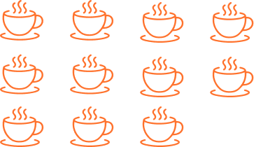Capsule Hotel pattern of orange steaming coffee cup icons, 3x4 grid on black, evoking breakfast service.
