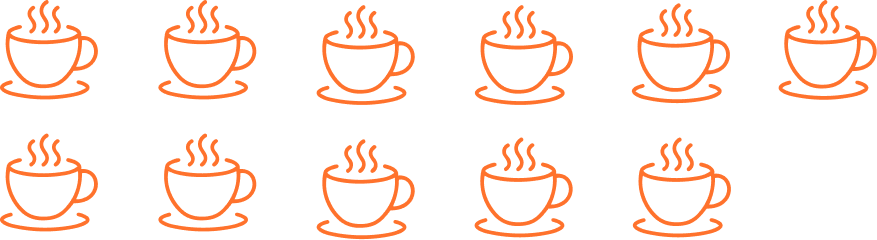 Capsule Hotel pattern of ten orange steaming coffee cup icons in two rows on black background.