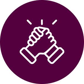 Capsule Hotel teamwork icon with clasped hands in white on a plum circular background