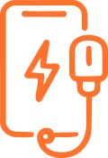 Capsule Hotel charging icon with orange outline phone, cable, and lightning bolt, highlighting device charging amenities.