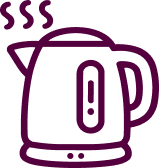Capsule Hotel electric kettle icon with steam, minimalist plum outline