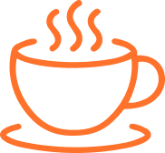Capsule Hotel orange steaming coffee cup icon, representing lobby café and fresh brews.