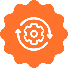 Capsule Hotel orange badge with white gear and circular arrows, symbolizing streamlined service