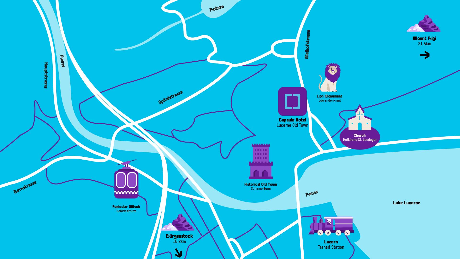 Map showing location of Capsule Hotel Lucerne Old Town near landmarks like Lion Monument and Lake Lucerne.