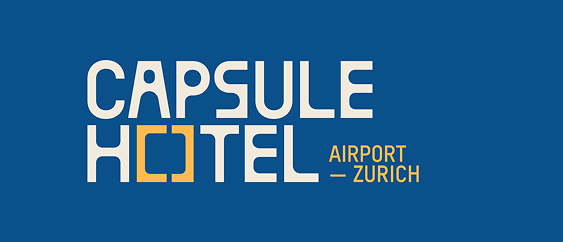 Capsule Hotel logo in white and yellow with square O; Airport—Zurich tagline on blue background.
