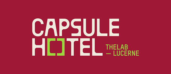 Capsule Hotel logo on burgundy background with green square icon and text 'THELAB — LUCERNE' in lime