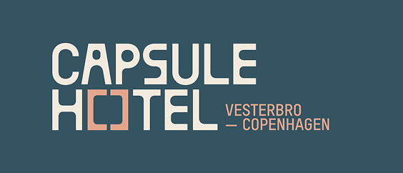 Capsule Hotel logo with stylized square O on teal background, text reads Vesterbro — Copenhagen.