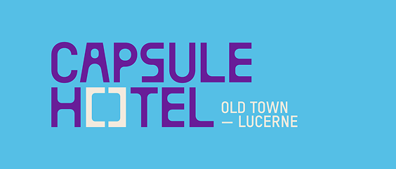 Capsule Hotel logo in purple on blue, square capsule icon, tagline Old Town — Lucerne