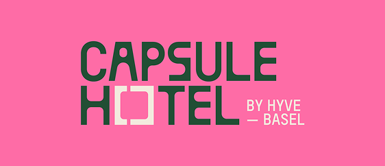 Capsule Hotel logo on pink, green type with square capsule icon and tagline ‘By Hyve — Basel’.