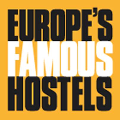 Capsule Hotel badge reading “Europe’s Famous Hostels” in bold black and white on a yellow background.