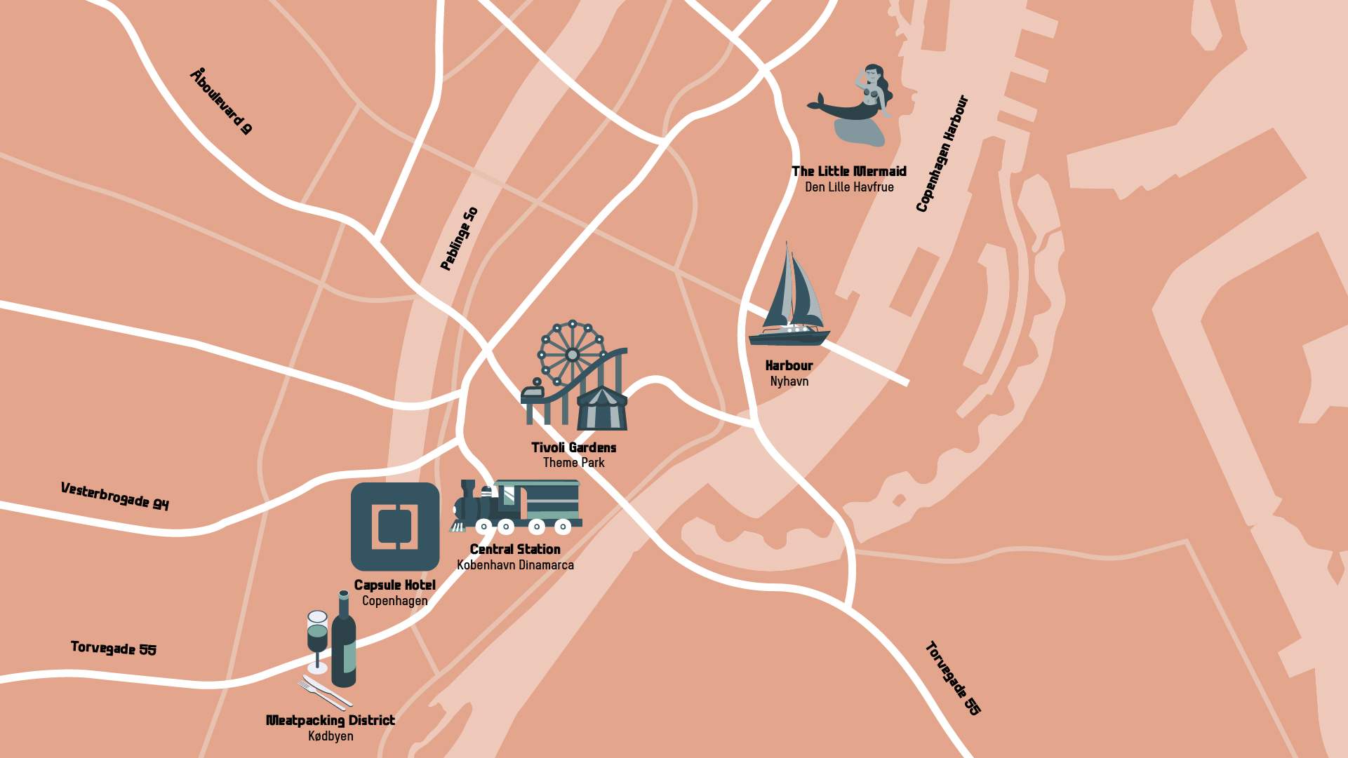 Map illustrating key attractions near Capsule Hotel Copenhagen Vesterbro including Tivoli Gardens and Central Station.