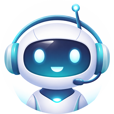 Capsule Hotel virtual assistant mascot, smiling blue-and-white robot with headset on white circular background