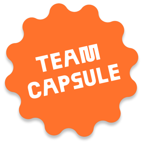 Capsule Hotel Team Capsule badge, orange scalloped logo mark with white stencil text