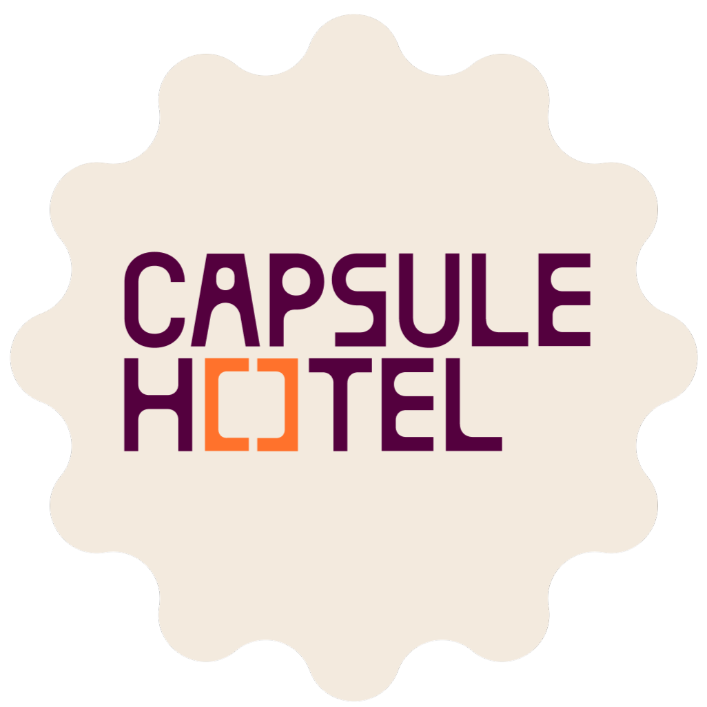 Capsule Hotel logo with purple wordmark and orange square icon on a cream scalloped badge.