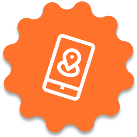 Capsule Hotel orange badge logo with smartphone and location pin, symbolizing mobile booking and navigation.