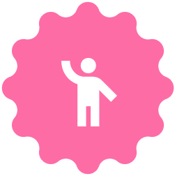 Capsule Hotel Logo mit weißem, winkendem Personensymbol auf einem pinken, gewellten Abzeichen.