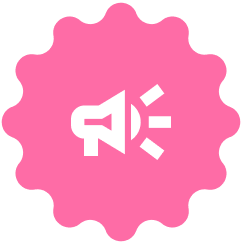 Capsule Hotel Markensymbol: pinkes, gewelltes Abzeichen mit weißem Megafon-Symbol für Ankündigungen.