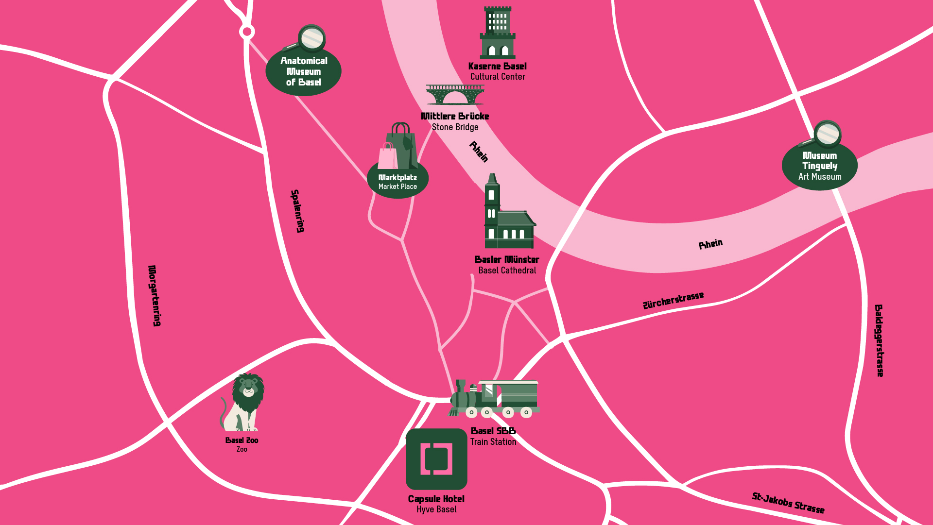 Map featuring attractions near Hyve Basel Capsule Hotel in Basel, including museums and Basel SBB Train Station.