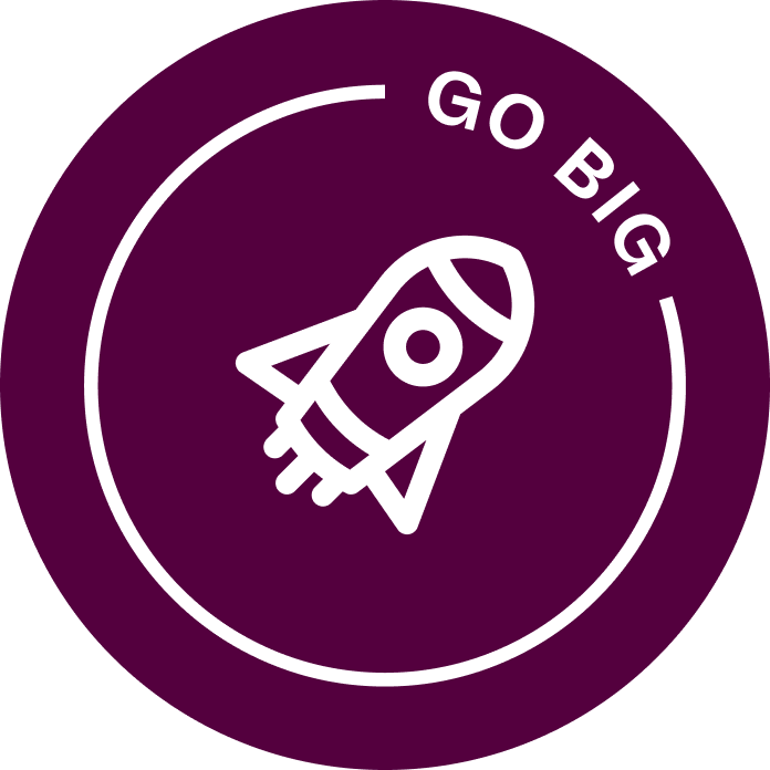 Capsule Hotel Go Big rocket logo, white line art on a purple circular badge