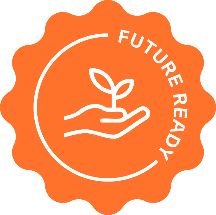 Capsule Hotel Future Ready badge with hand holding sprout icon on orange seal, signaling eco-minded brand.