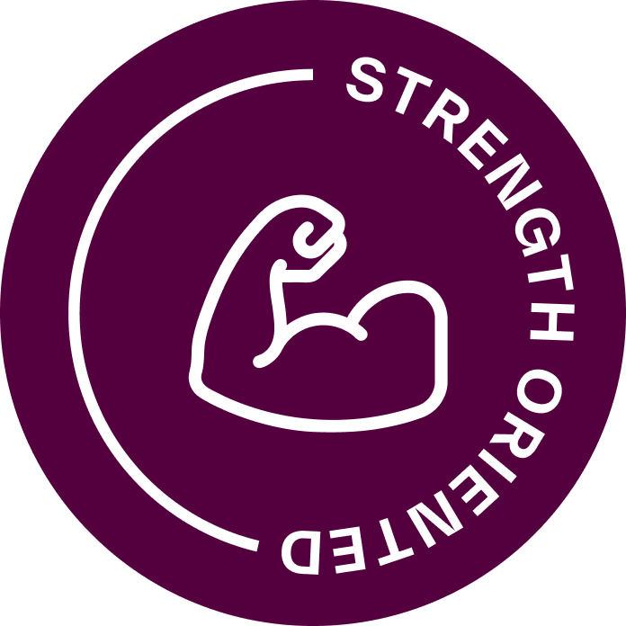 Capsule Hotel strength-oriented badge, white flexed bicep icon on purple circle with curved text.