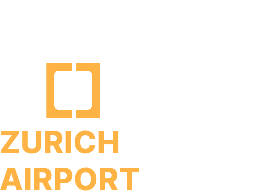 Capsule Hotel logo with orange bracketed O; Zurich Airport text in orange on black and white background.