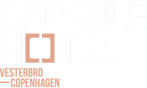 Capsule Hotel logo in white and peach, featuring Vesterbro, Copenhagen location. Modern and minimalist design.