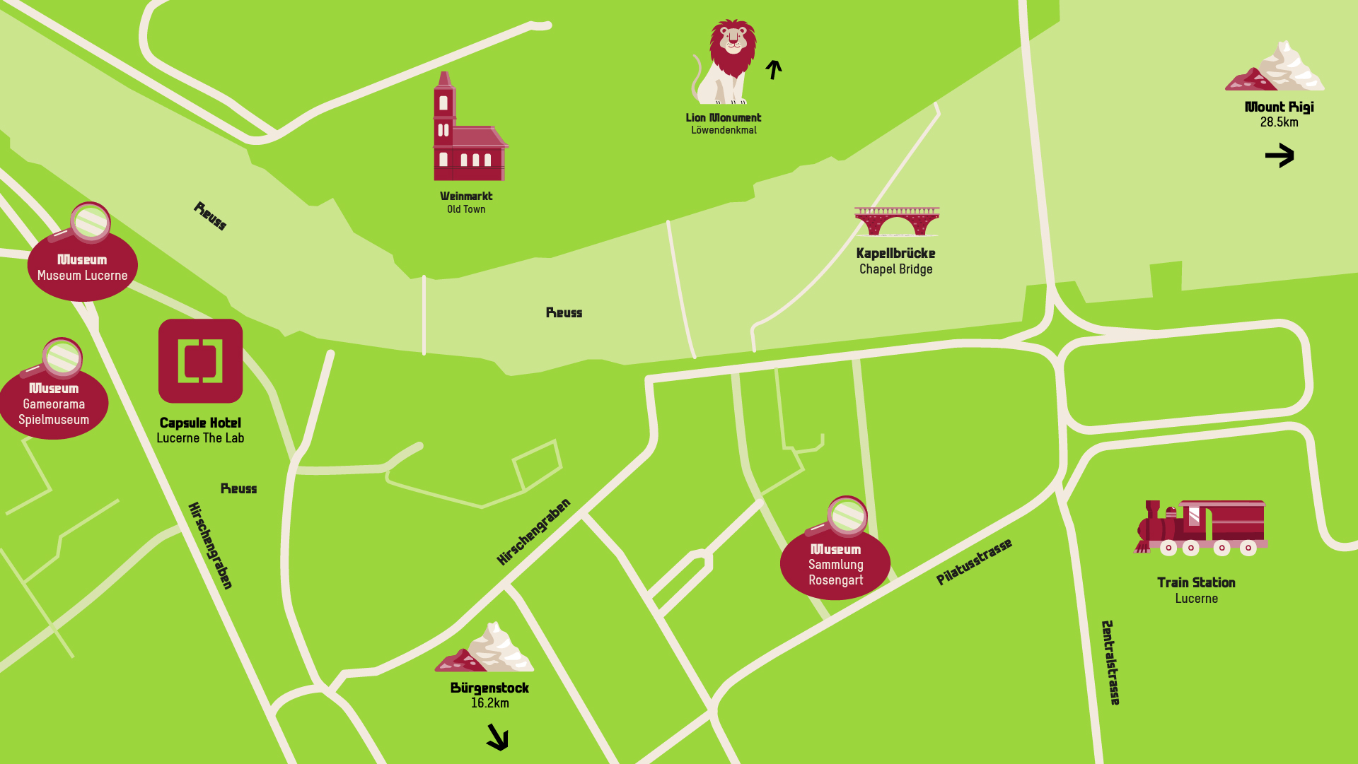 Map showing locations near Capsule Hotel Lucerne The Lab, including museums, Lion Monument, and Chapel Bridge.