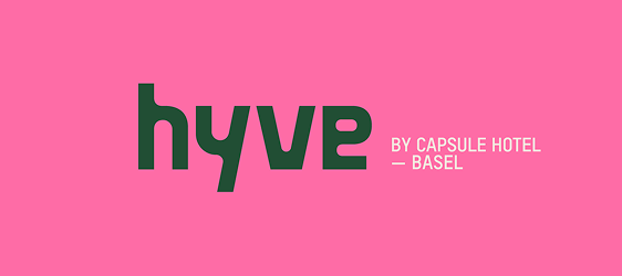 Hyve by Capsule Hotel logo on pink background, Basel location branding.