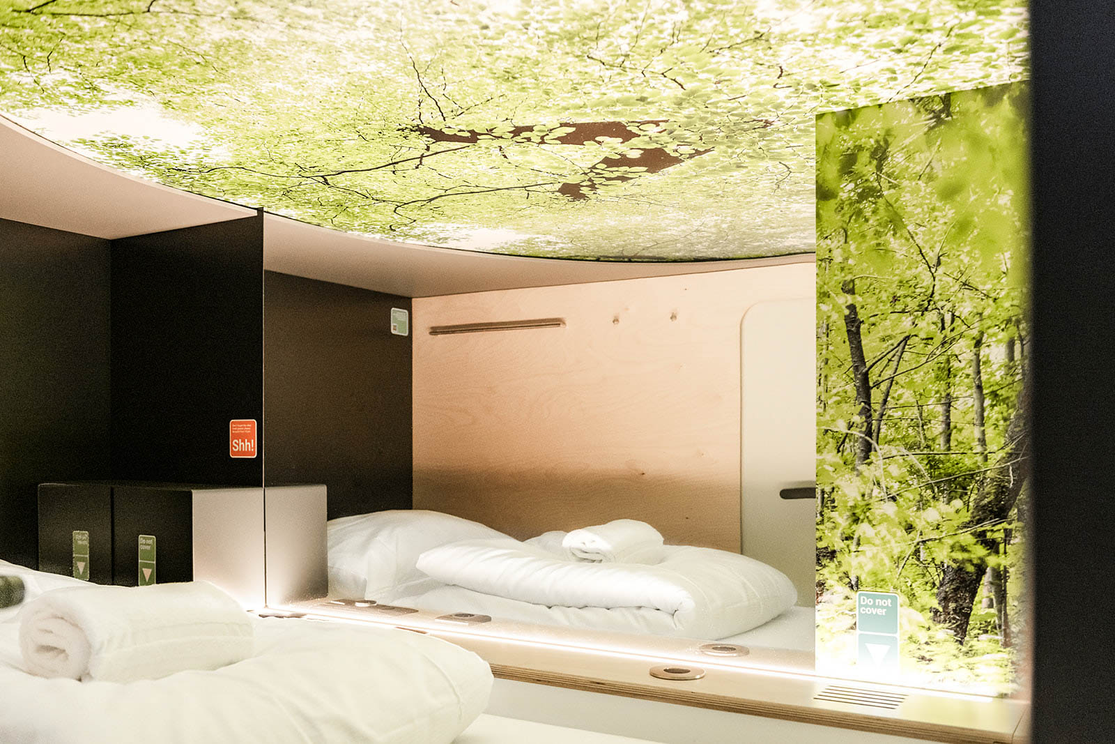 Capsule Hotel modern sleeping pod with white linens, light wood, and green forest mural on the ceiling and wall