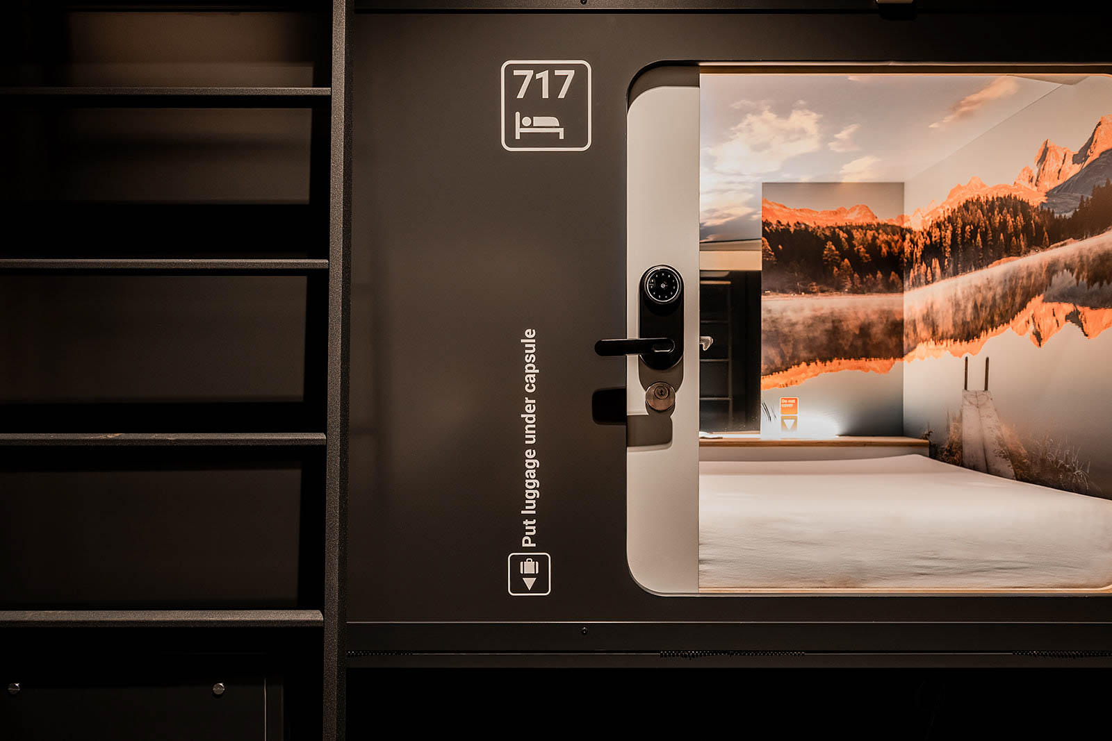 Capsule room with landscape mural and bedding at Capsule Hotel Alpine Garden Zurich Airport.