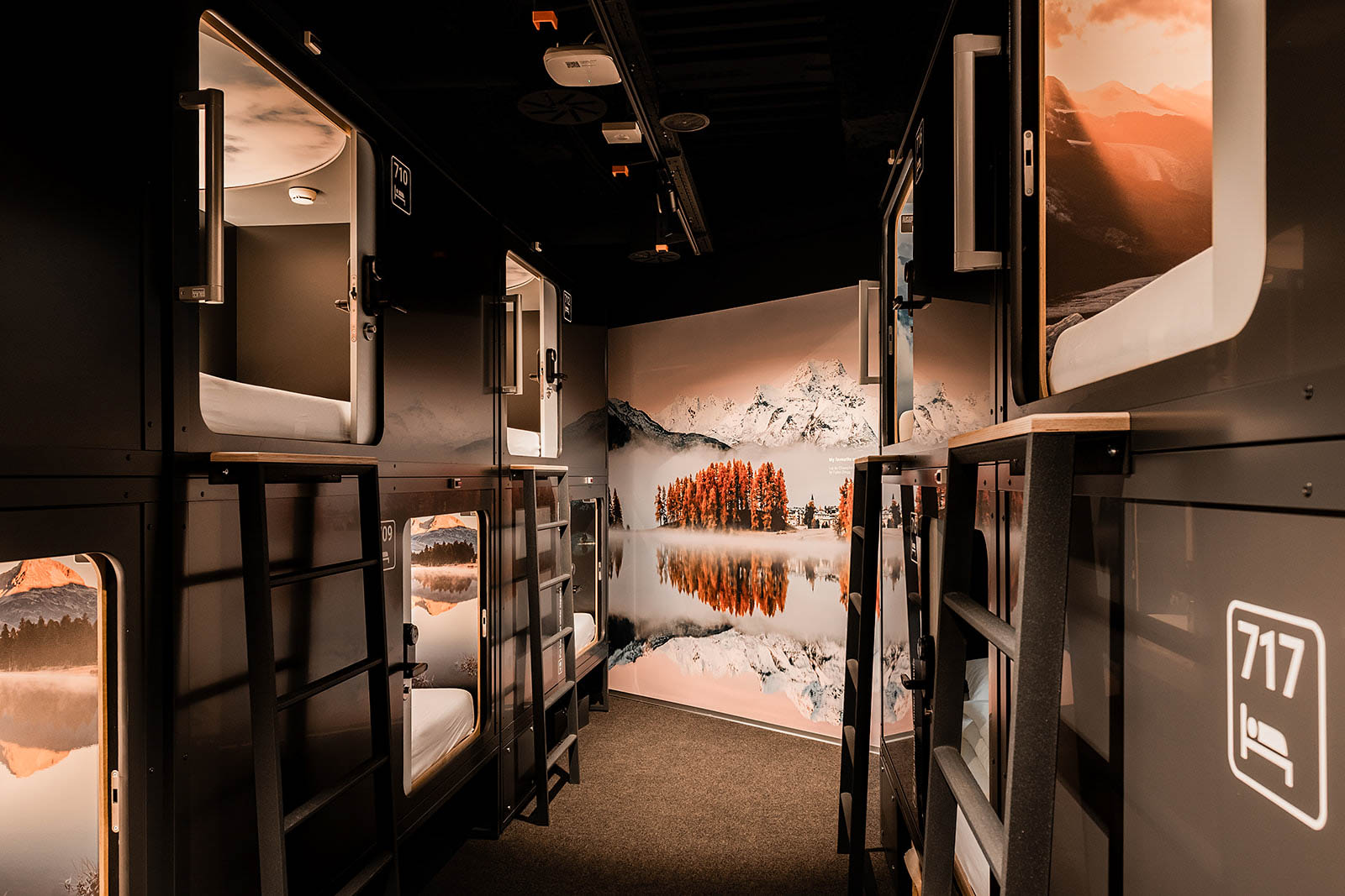 Cozy capsule room with nature mural at Capsule Hotel Alpine Garden Zurich Airport.