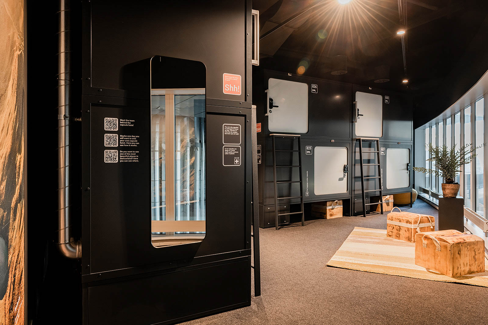 Capsule sleeping pods with ladders in the lounge area of Capsule Hotel Alpine Garden Zurich Airport.