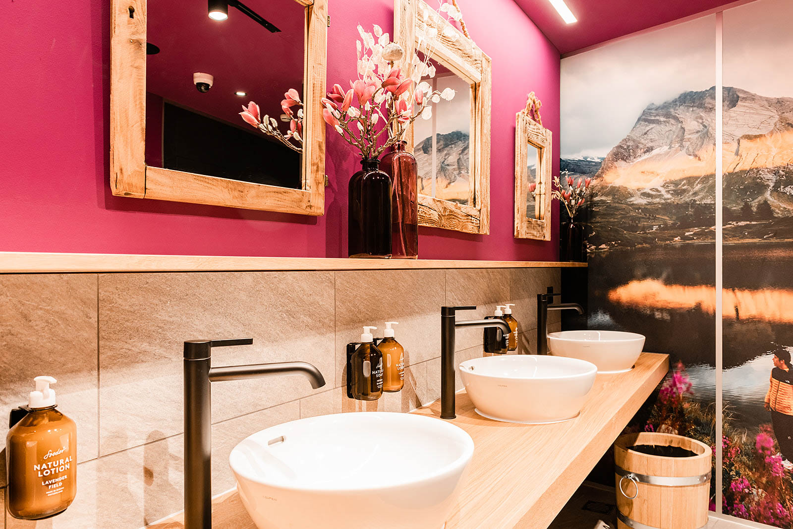 Stylish washroom with wooden accents and scenic mural at Capsule Hotel Alpine Garden Zurich Airport.