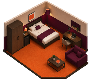 Capsule Hotel cozy room with burgundy accents, single bed, desk with laptop, sofa, wardrobe, and warm ambient lighting