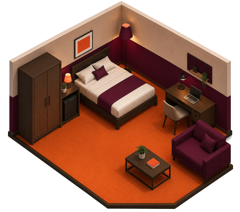 Capsule Hotel modern room with queen bed, desk and laptop, maroon accents, orange carpet, sofa and wardrobe under warm light.