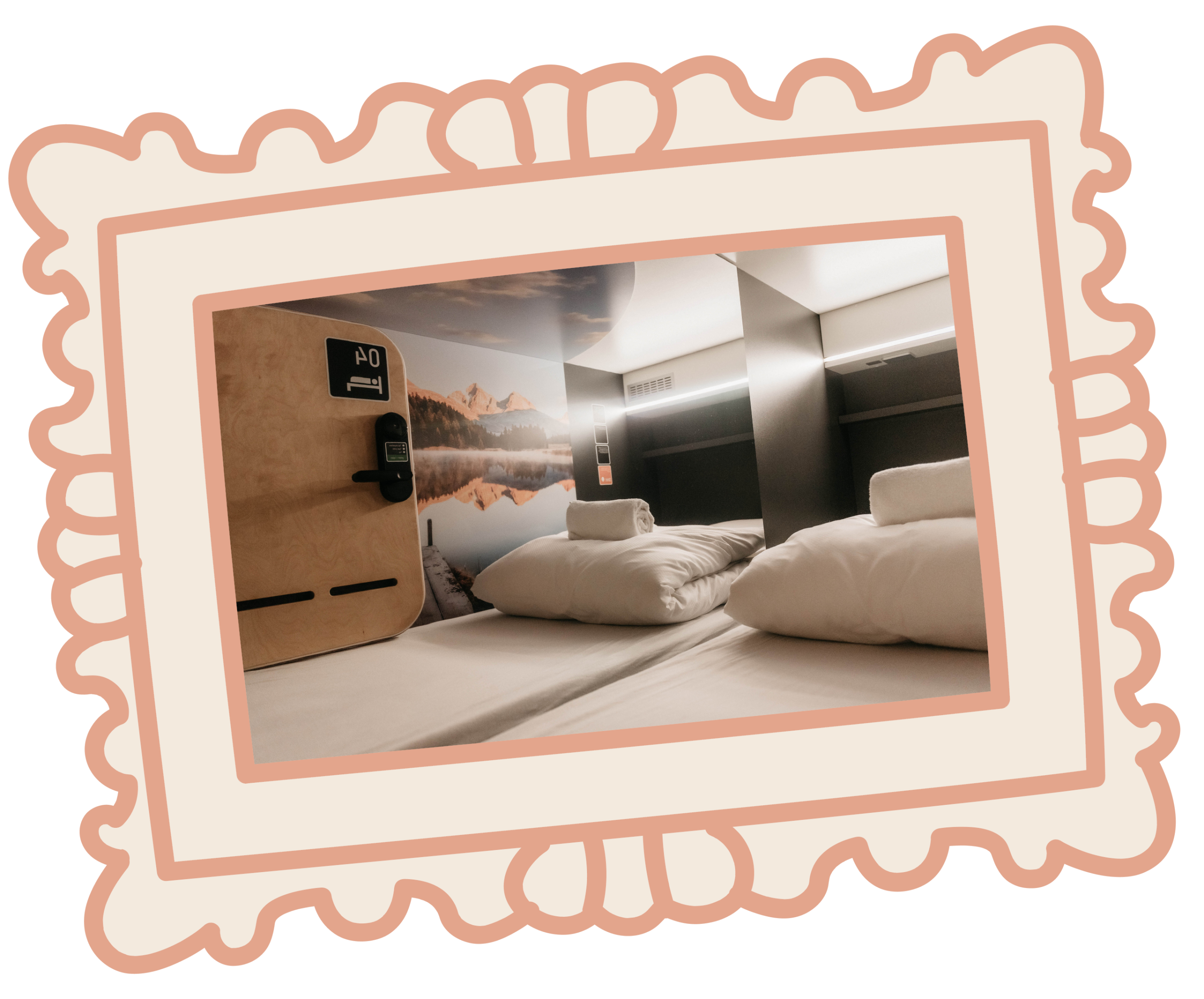Cozy capsule room with a scenic mural, bedding, and secure door at Capsule Hotel Copenhagen Vesterbro.