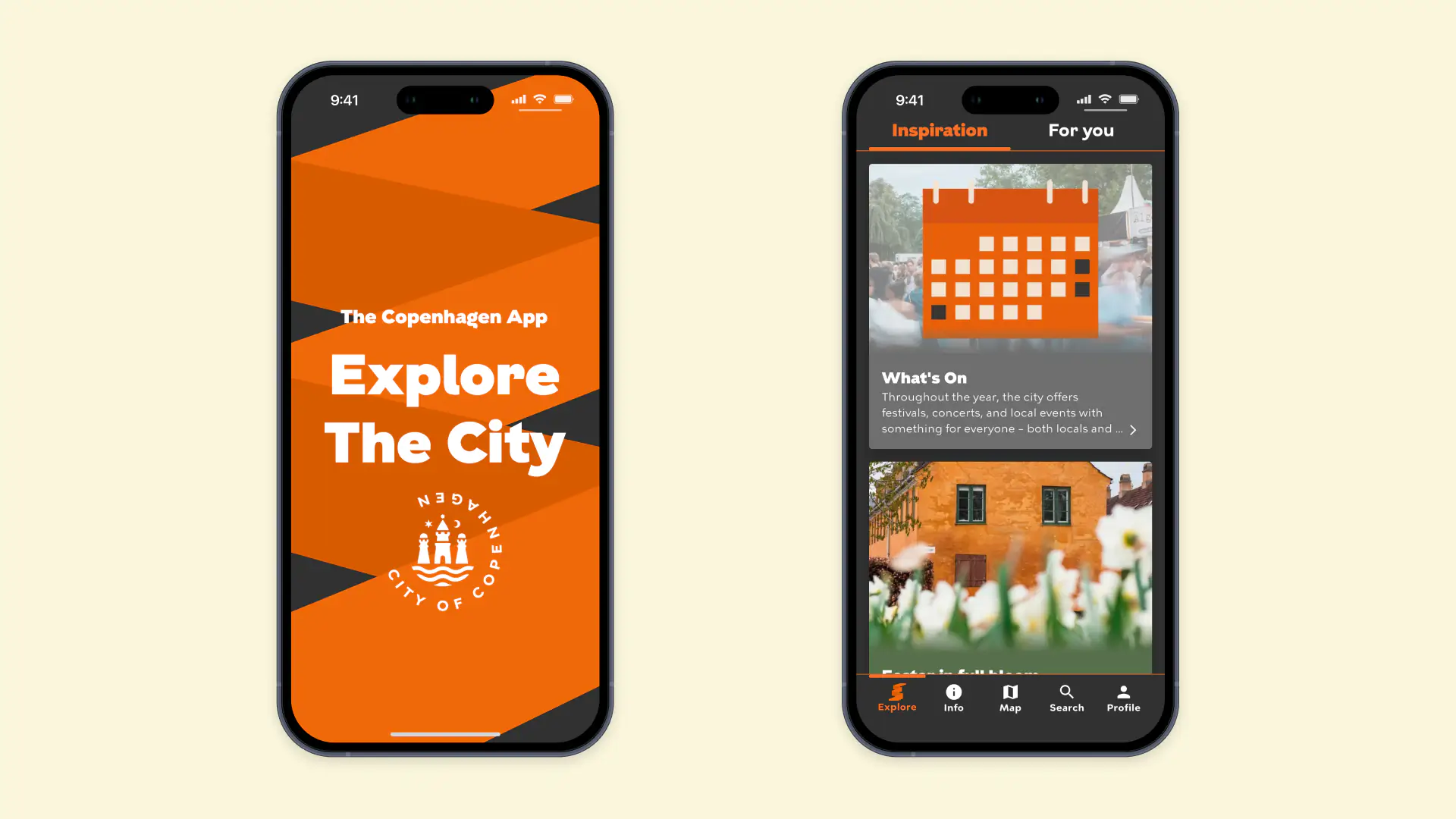 Zwei Handydisplays zeigen die Kopenhagen App-Oberfläche, die zur Stadterkundung einlädt, passend zum Capsule Hotel Copenhagen Vesterbro.