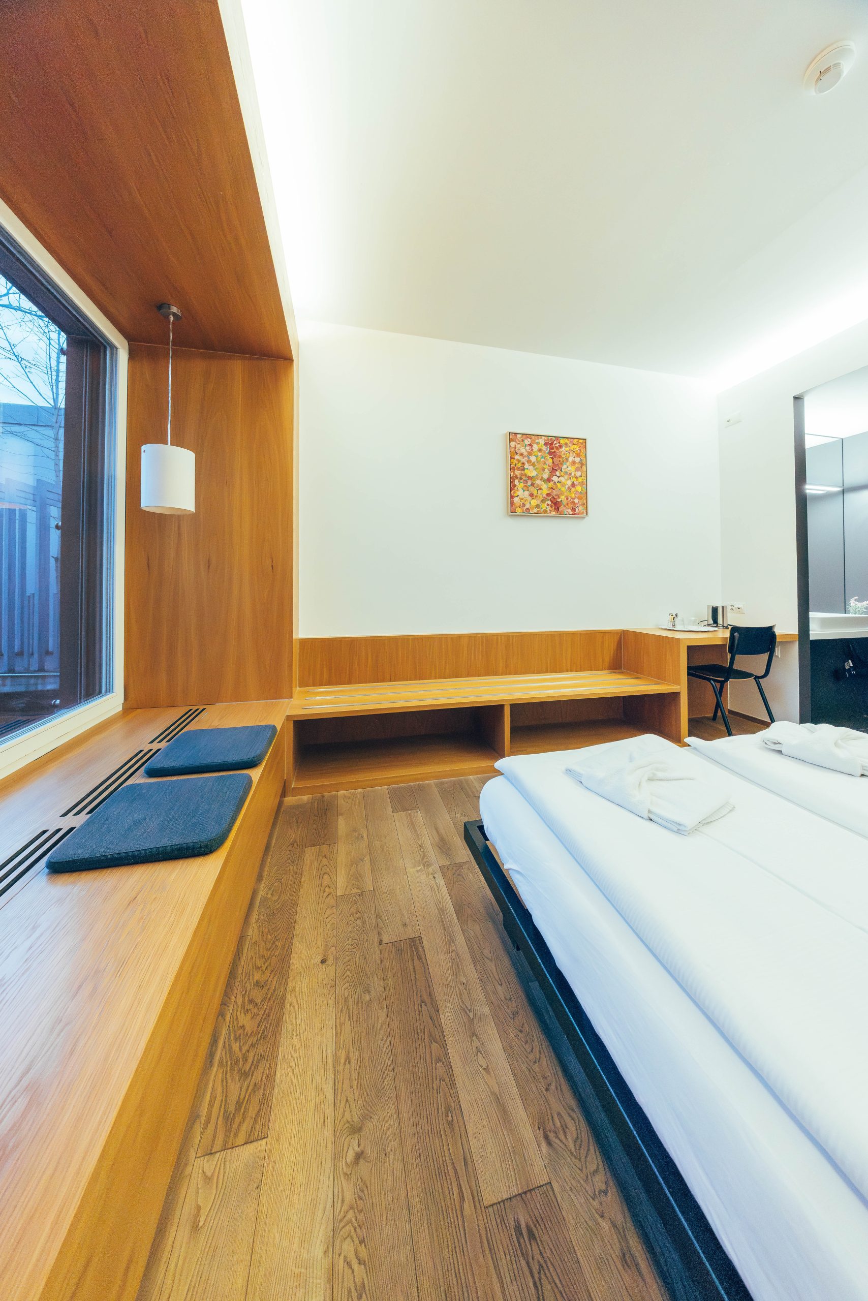 Modern private apartment with wooden accents and large window at Hyve Basel Capsule Hotel.