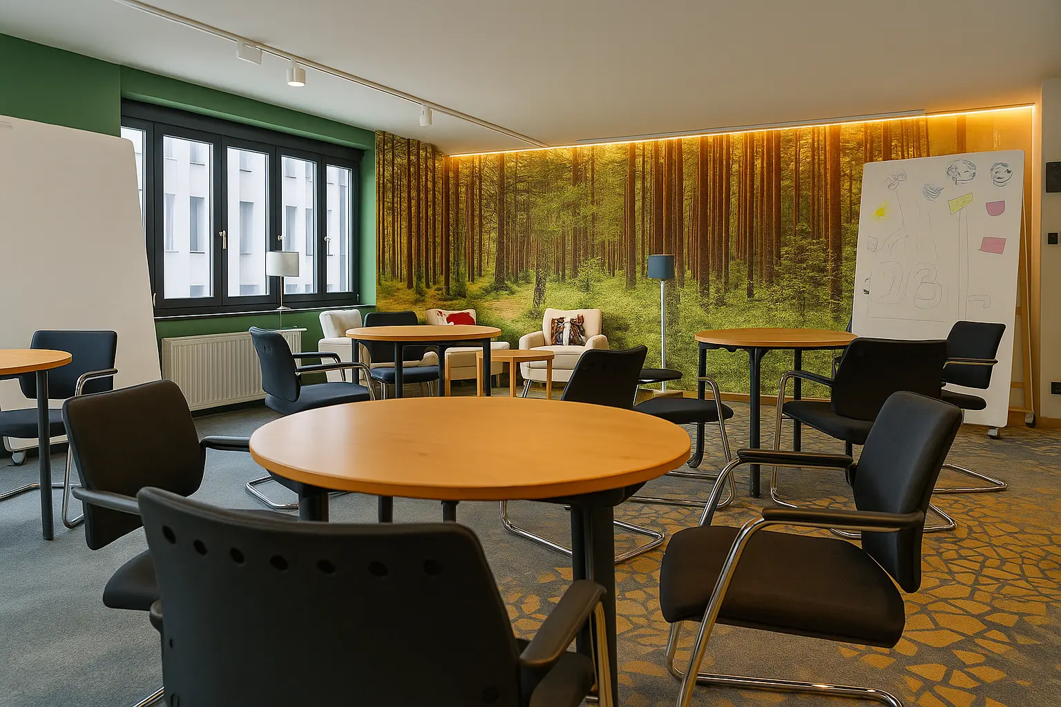 Cozy meeting area at Capsule Hotel with round tables, modern chairs, forest mural, and natural light through large windows.