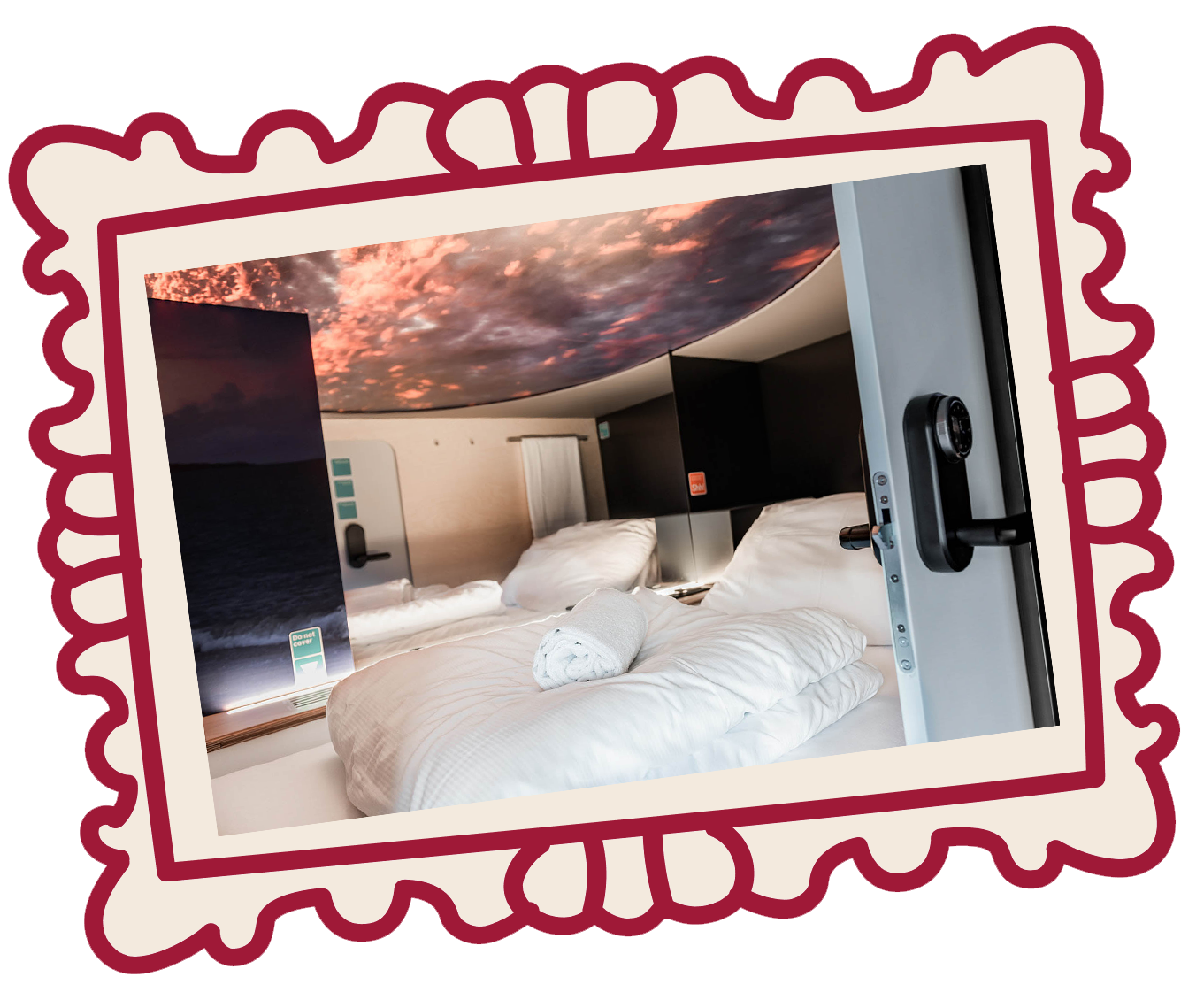 Capsule Hotel cozy pod with plush bedding, rolled towel, keypad door, and sky-lit ceiling