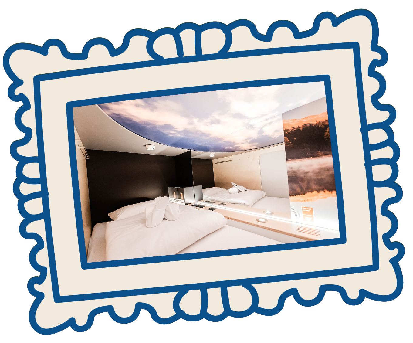 Capsule room with comfortable bed and cozy lighting at Capsule Hotel Alpine Garden Zurich Airport.
