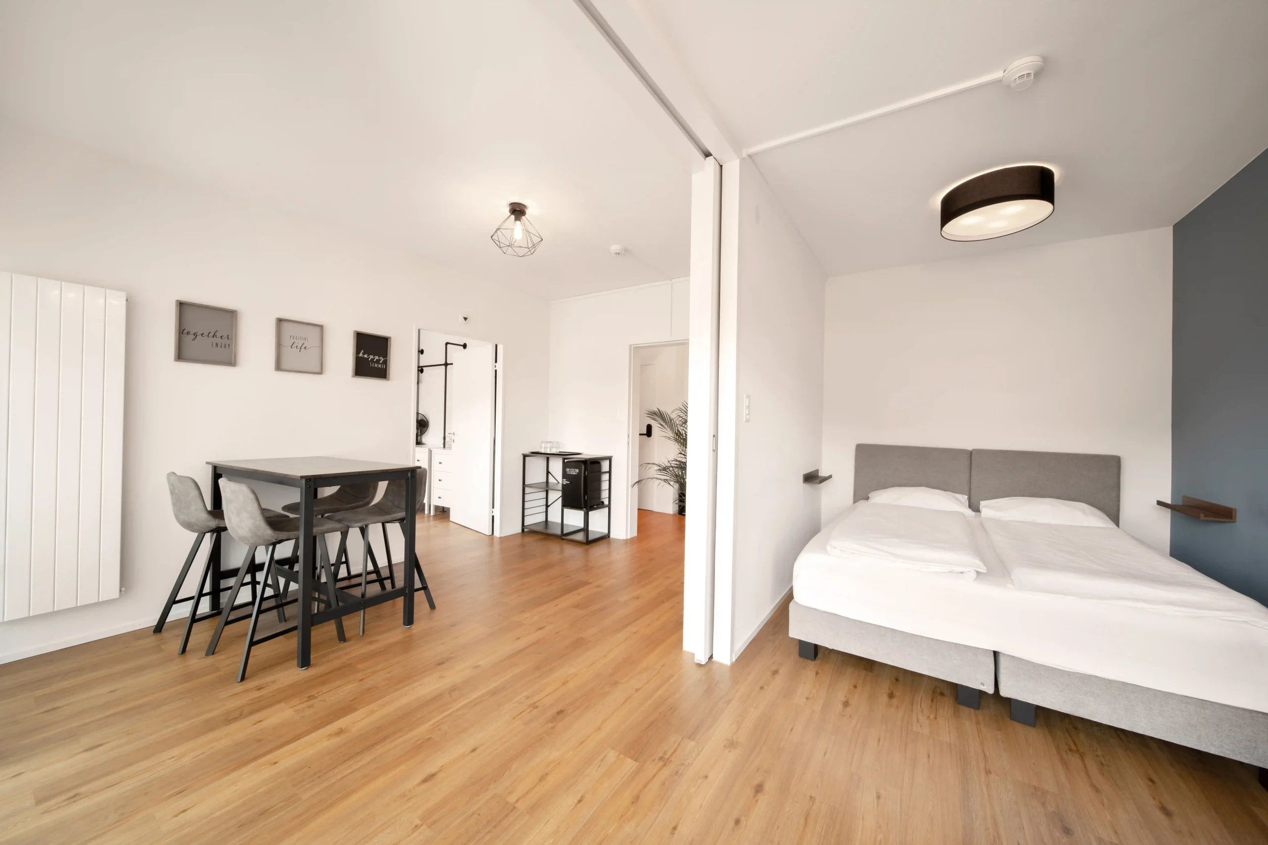 Modern private apartment with bed and dining area at Hyve Basel Capsule Hotel.